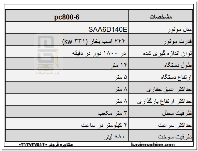 مشخصات فنی بیل مکانیکی کوماتسو 800