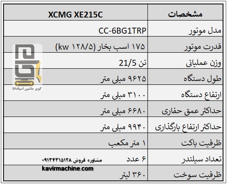 بیل مکانیکی XCMG XE215 | بررسی مشخصات، مزایا و قیمت 2 مشخصات فنی بیل مکانیکی XCMG XE215