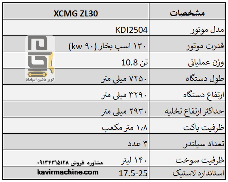 مشخصات فنی لودر XCMG ZL30