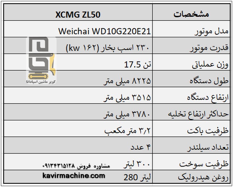 مشخصات فنی لودر XCMG ZL50